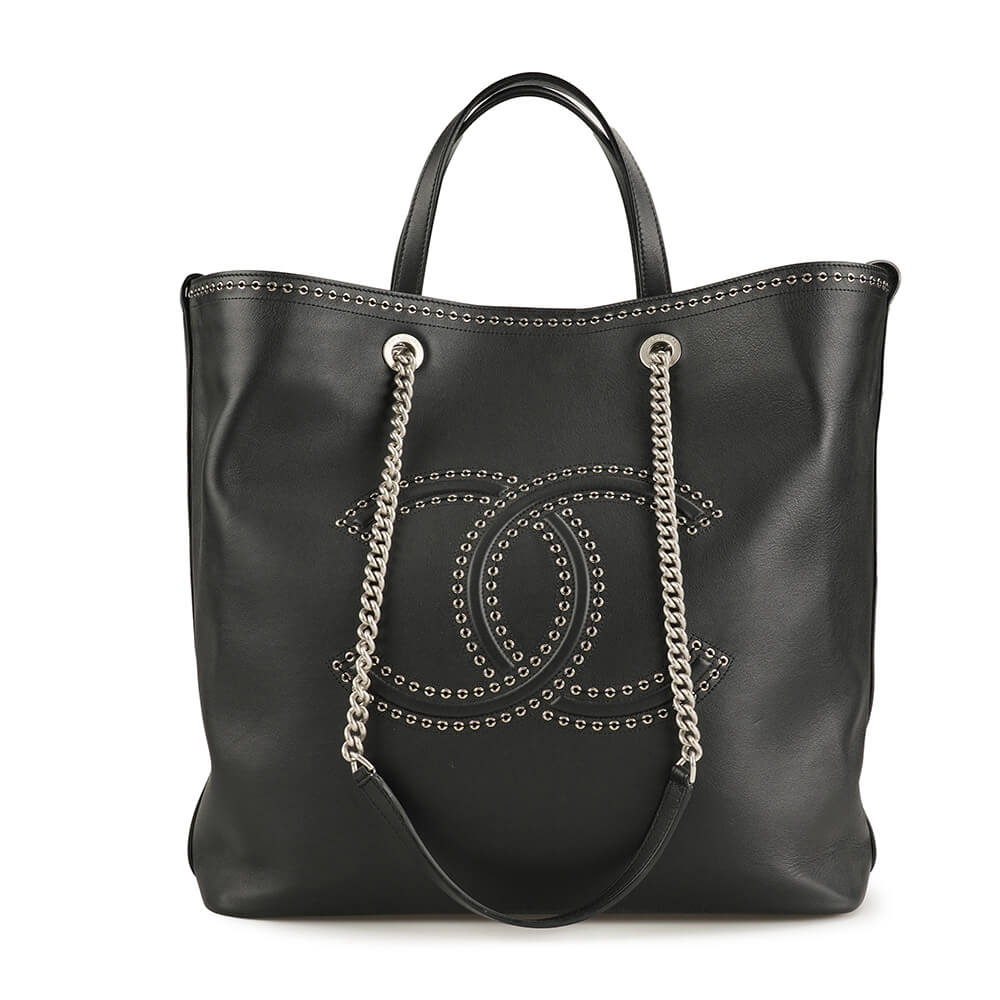 Chanel - Black Calfskin Leather Coco Eyelets Large Shopping Bag